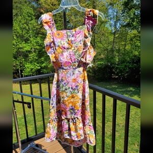 Women's Floral Open-Back Bow Tie Mini Dress w/ Ruffle Straps